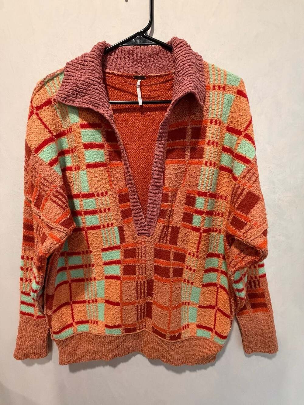 Free People Oversized Plaid Sweater XS Orange V-Neck Long Sleeve